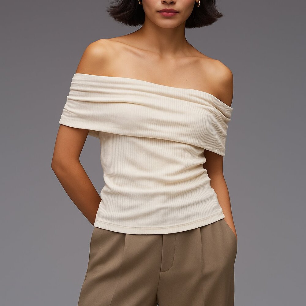 Topshop Ribbed Off Shoulder Bardot Stretch Knit Top Ecru Cream Large